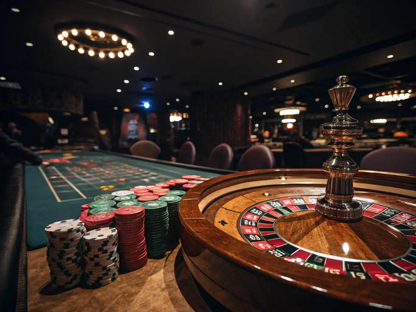 A dynamic image of a Roulette wheel spinning, with players gathered around the table placing bets. The scene should capture the anticipation and energy of the game.